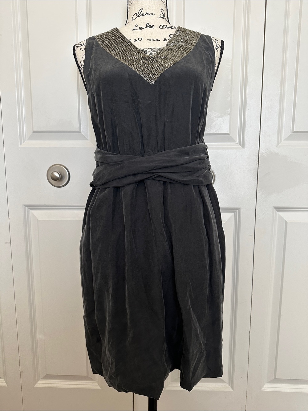 Sleeveless Black Midi Dress with Beaded V-Neck